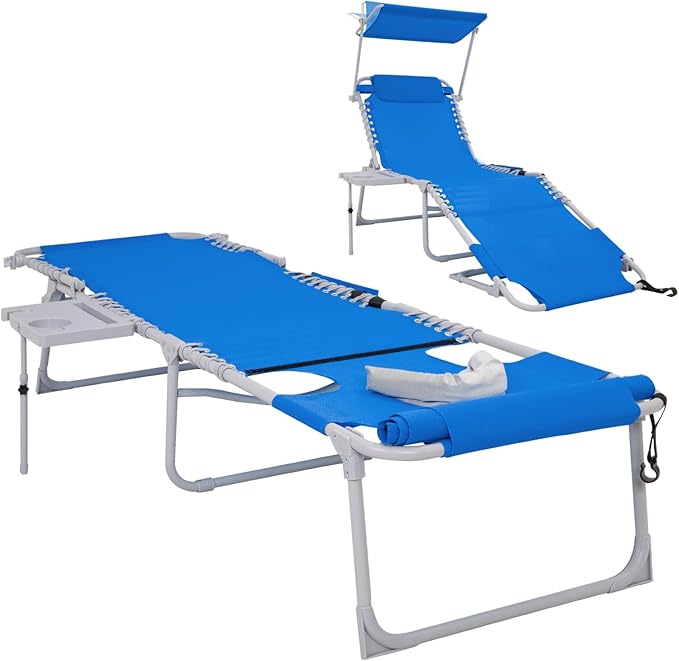 #WEJOY 4 in 1 Tanning Chair with Face Hole & Canopy & Side Table, 5 Positions Adjustable Folding Quick Dry Facedown Chaise Lounge with Pillow for Beach Poolside Outdoor Camping Patio (Darkblue)