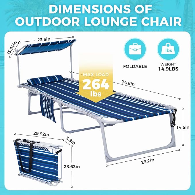 #WEJOY Folding Lounge Chair with Canopy Shade, Portable Adjustable 5-Position Patio Chaise Lounger with Pillow & Pouch for Lay Flat Outdoor Lawn Backyard Beach Camping Pool Tanning (Blue White)