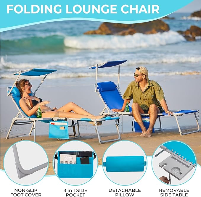 #WEJOY 4 in 1 Tanning Chair with Face Hole & Canopy & Side Table, 5 Positions Adjustable Folding Waterproof Facedown Chaise Lounge with Pillow Quick Dry for Beach Pool Outdoor Camping Patio (Blue)