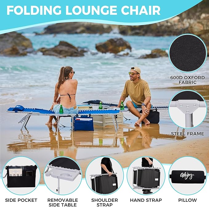 #WEJOY Folding Recliner Lounge Chair with Side Table for Outdoor 5 Positions Adjustable Reclining Patio Camping Chair with Removable Padded Pillow,Side Pocket for Beach Pool Patio Sunbathing Lawn