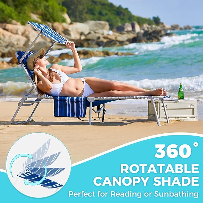 #WEJOY Folding Lounge Chair with Canopy Shade, Portable Adjustable 5-Position Patio Chaise Lounger with Pillow & Pouch for Lay Flat Outdoor Lawn Backyard Beach Camping Pool Tanning (Blue White)