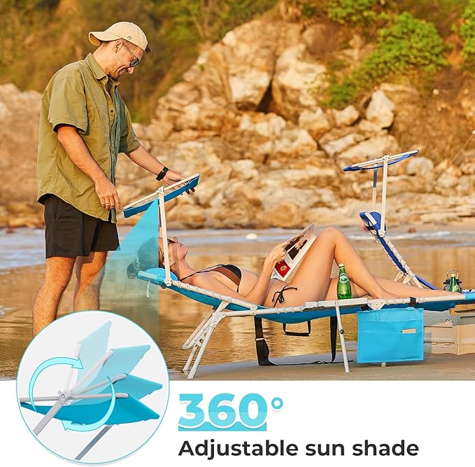 #WEJOY 4 in 1 Tanning Chair with Face Hole & Canopy & Side Table, 5 Positions Adjustable Folding Waterproof Facedown Chaise Lounge with Pillow Quick Dry for Beach Pool Outdoor Camping Patio (Blue)