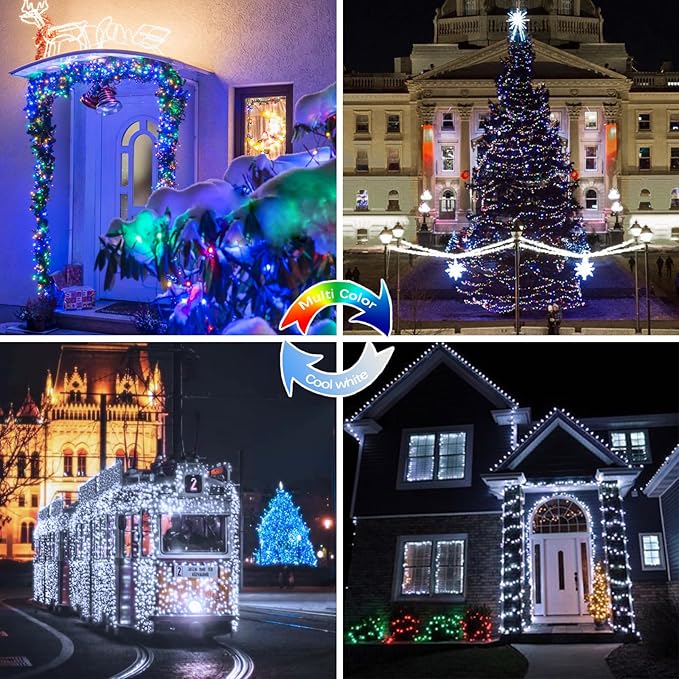 (Cool White ⇋ Multicolor) Solar Christmas String Lights Outdoor, 2-Pack 80FT 200 LED Waterproof Silver Wire, Solar Twinkle Lights with 8 Modes Solar Fairy Light for Tree Garden Wedding Christmas Decor